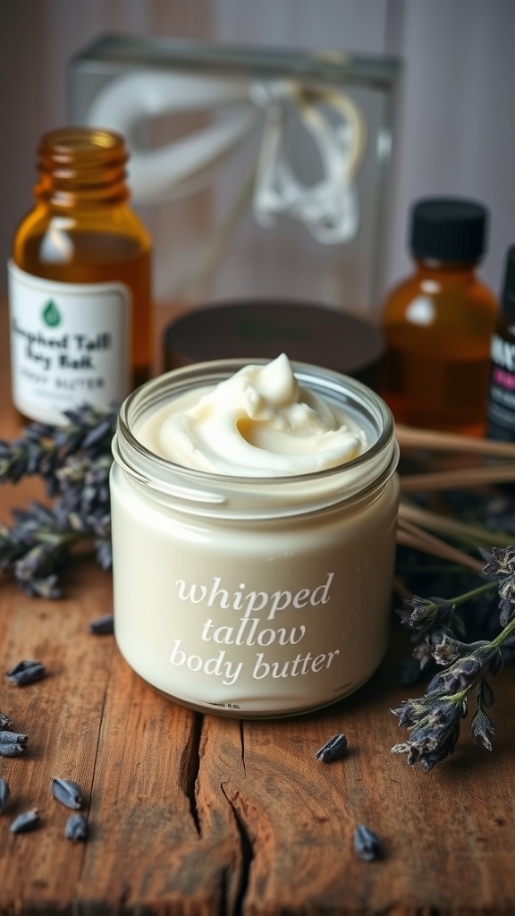 A jar of whipped tallow body butter with a creamy texture, placed on a wooden surface with lavender flowers and essential oils.